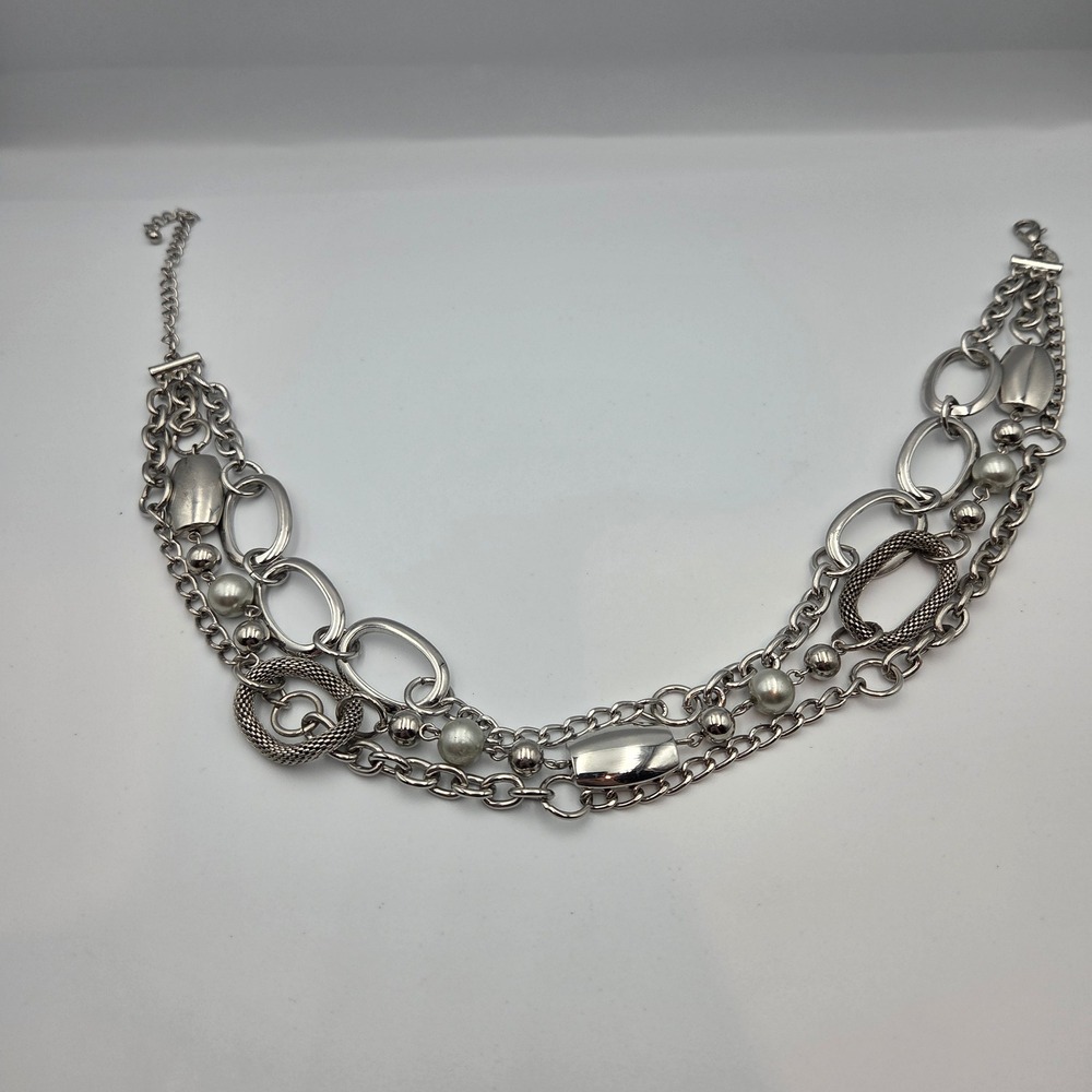 Unbranded Multi Strand Statement Necklace Silver Tone Faux Pearl Mixed Link 16"